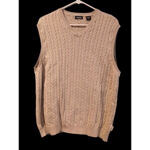 IZOD Mens Cable Knit Sweater Vest Tan Beige V-Neck 100% Cotton Size Large